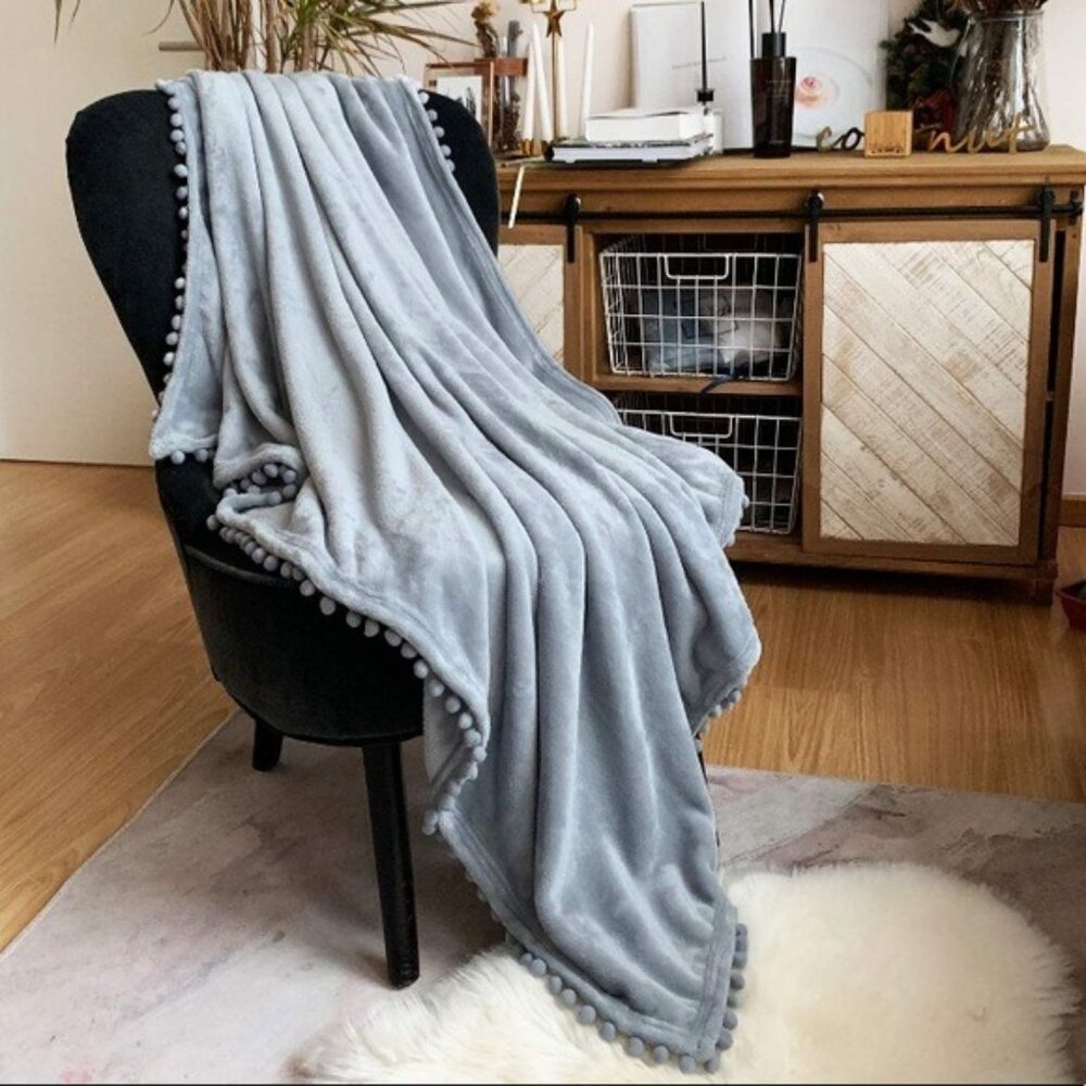 Light Grey Pompom Fringe Chic Cozy Soft Throw Blanket/Cover